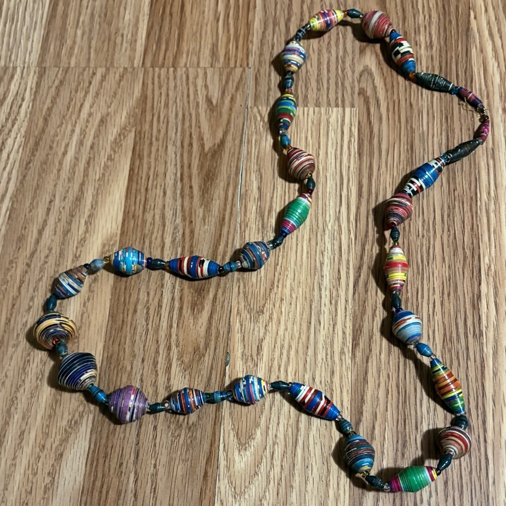 VINTAGE UGANDA HANDMADE RECYCLED PAPER BEADED MULTICOLOR 36" NECKLACE